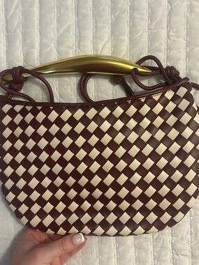 Woven Two-Tone Brown and Cream Shoulder Bag with Gold Accent Sardine Style